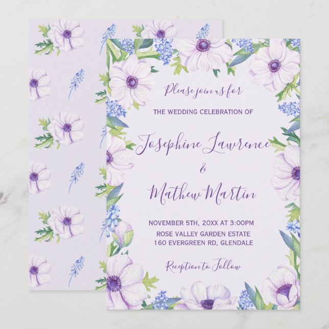 Lila Einladung von Anemone Hyacinth Frühjahrssehen (Vorne/Hinten)