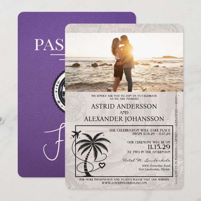 Lila Einladung von Florida Passport (Vorne/Hinten)