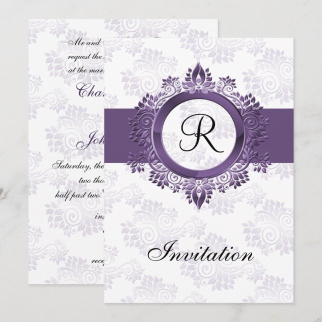 lila Einladung zur Hochzeit in Monogramm geblüht (Vorne/Hinten)