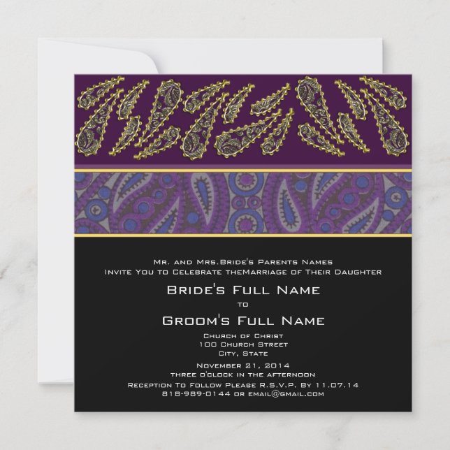 Lila Einladung zur Hochzeit von Plum Paisley (Vorderseite)