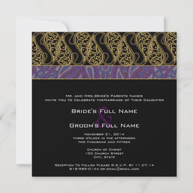Lila Einladung zur Hochzeit von Plum Paisley (Vorderseite)
