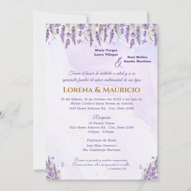 Lila Einladung zur Hochzeit von Wasserfarben (Vorderseite)