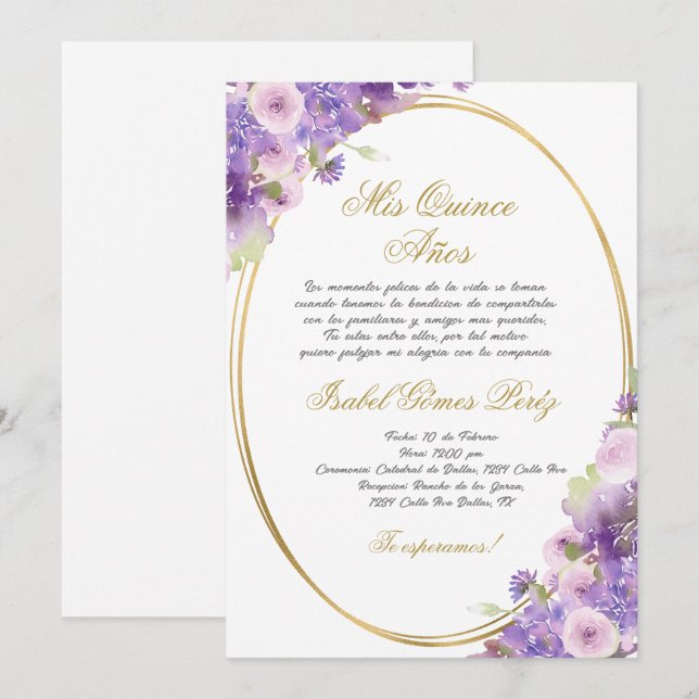 Lila Einladung zur Quinceanera-Blumenwelt auf Span (Vorne/Hinten)