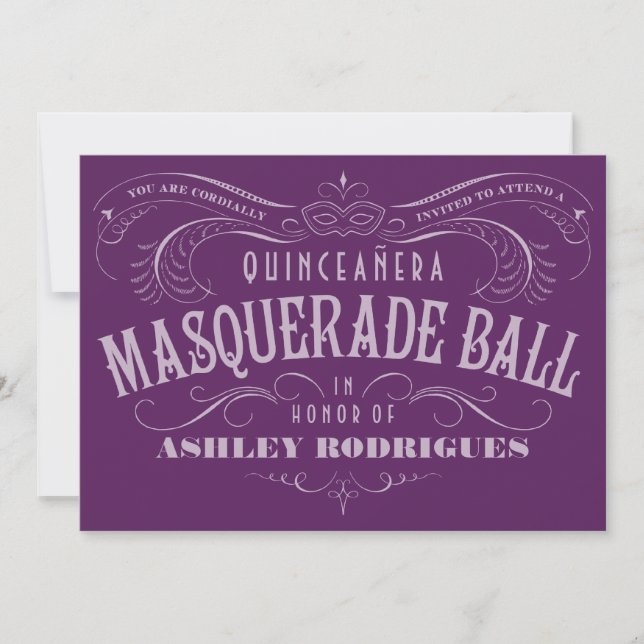 Lila Einladungen in Quinceanera Masquerade (Vorderseite)