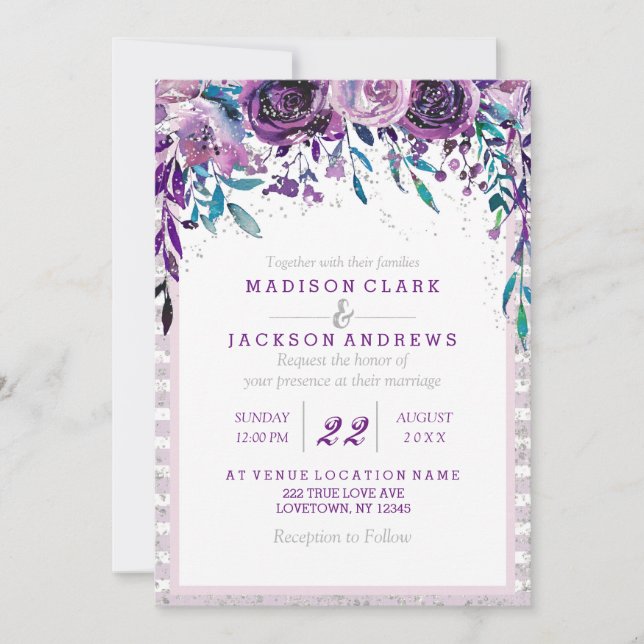 Lila Einladungen zu Hochzeiten mit Blumen und Silb (Vorderseite)
