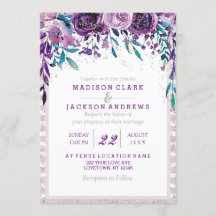 Lila Einladungen zu Hochzeiten mit Blumen und Silb