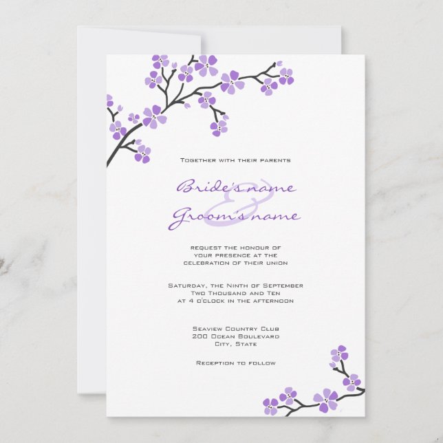Lila Einladungen zur Hochzeit von Kirsch (Vorderseite)