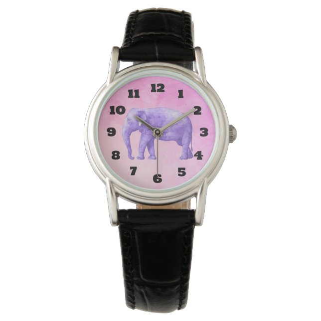 Lila Elefant auf Dreamy Pink Wasserfarben Armbanduhr (Vorderseite)