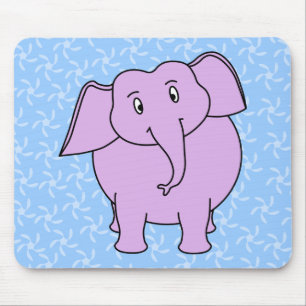 Lila Elefant-Cartoon. Blauer Blumenhintergrund Mousepad