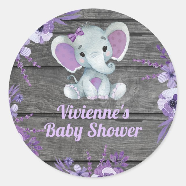 Lila Elefant Rustikale Platte für Dusche Geburtsta Runder Aufkleber (Vorderseite)