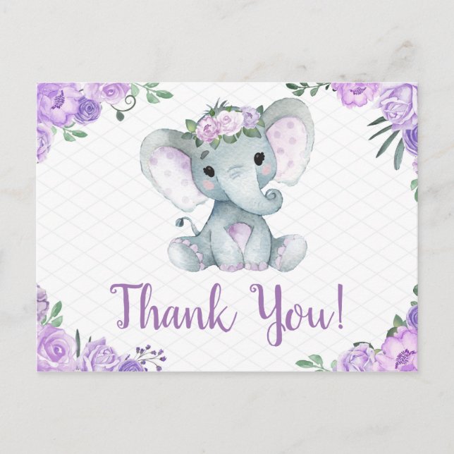 Lila Elefant Vielen Dank Rose Girl Postcard Postkarte (Vorderseite)