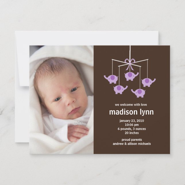 Lila Elefanten Baby Girl Birth Annoucement Einladung (Vorderseite)