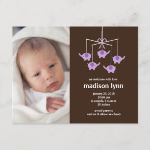 Lila Elefanten Baby Girl Birth Annoucement Einladung