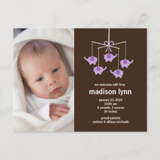 Lila Elefanten Baby Girl Birth Annoucement Einladung