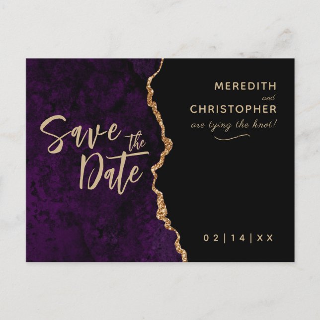 Lila Elegance Agate Wedding Save the Date Ankündigungspostkarte (Vorderseite)
