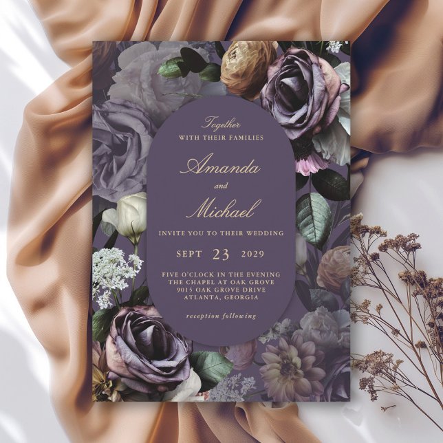 Lila Elegant Dark Moody Floral Wedding Einladung (Available in both printed and instant download digital formats.)
