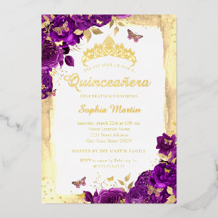 Lila Elegant Floral Butterfly Quinceanera Folieneinladung