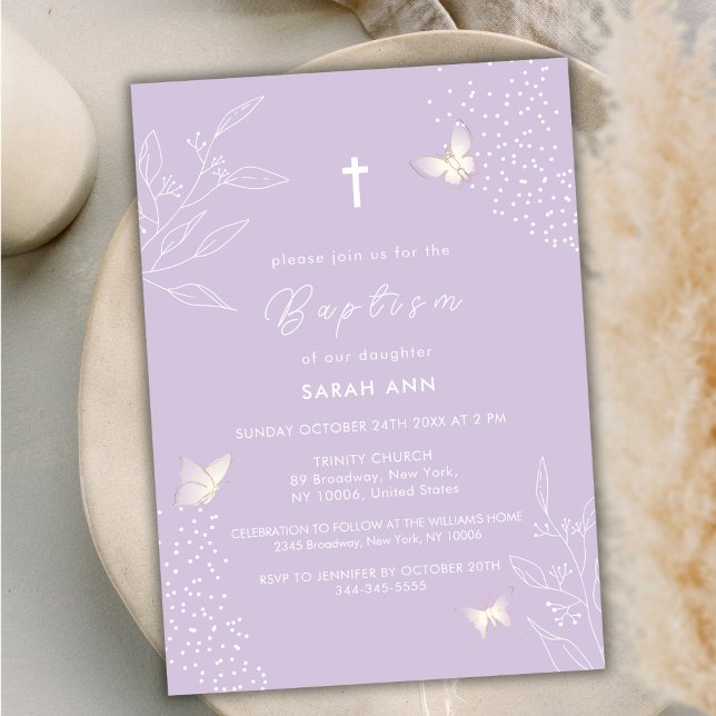 Lila elegante Blätter Butterfly Cross Taufe Einladung (Purple Elegant Leave Butterfly Cross Baptism Invitation)