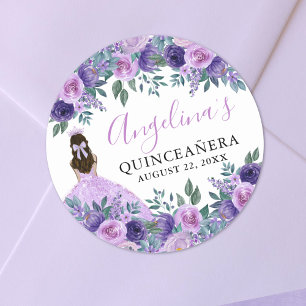 Lila elegante Blumen-Quinceanera Runder Aufkleber
