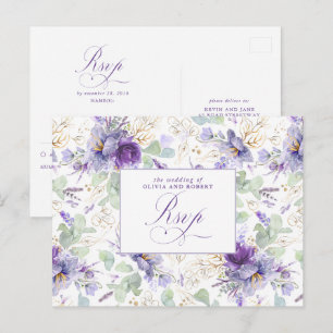 Lila elegante botanische Hochzeits-RSVP-Postkarte Postkarte