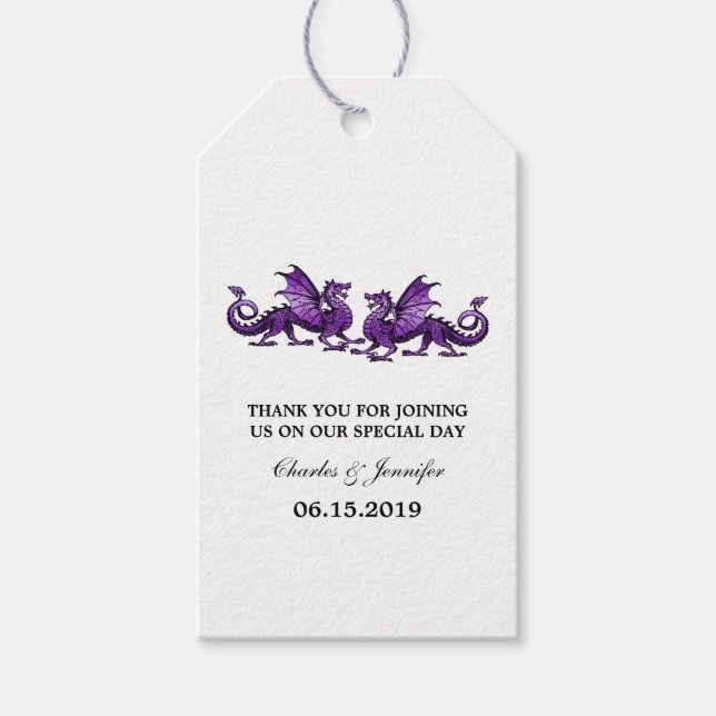 Lila elegante Dragons Hochzeitsmarken Geschenkanhänger (Vorderseite)