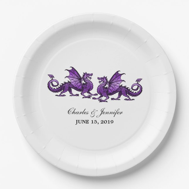 Lila elegante Dragons Hochzeitspapier-Teller Pappteller (Vorderseite)