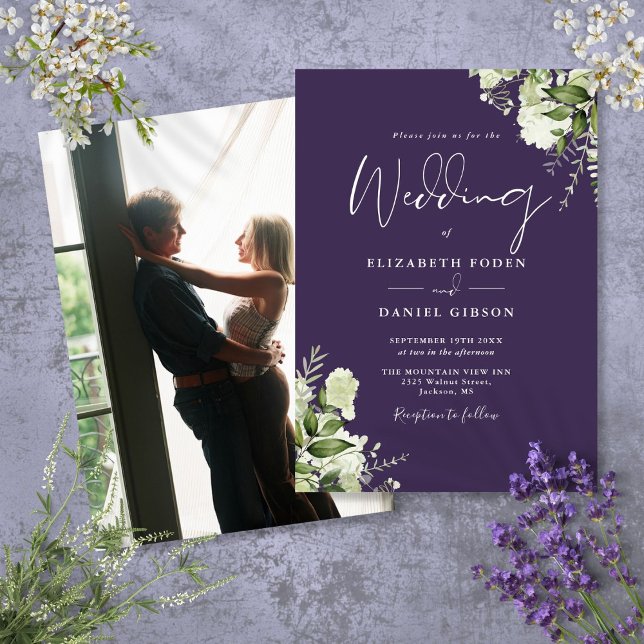 Lila Elegante Grüne Blätter Foto Hochzeit Einladung (Purple Elegant Greenery Leaves Photo Wedding Invitation)