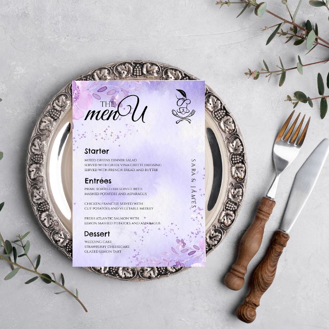 Lila elegante Speisekarten für Hochzeiten Menükarte (Von Creator hochgeladen)