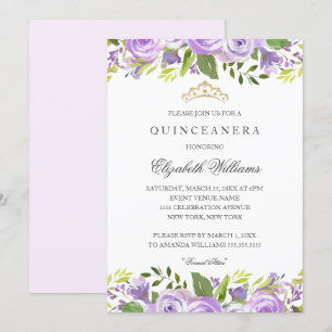 Lila elegante Wasserfarbe Floral Quinceanera Einladung