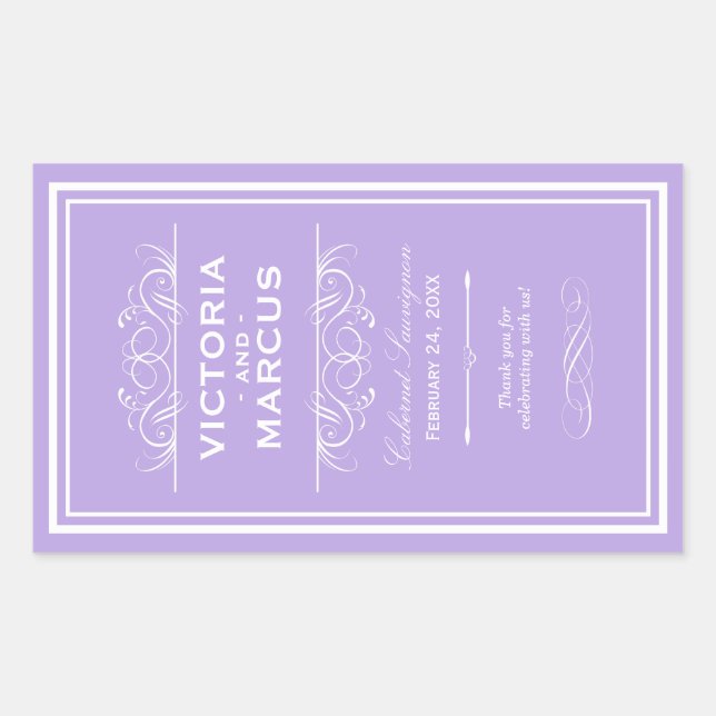 Lila elegante Wedding Monogram Weinflasche Rechteckiger Aufkleber (Vorderseite)