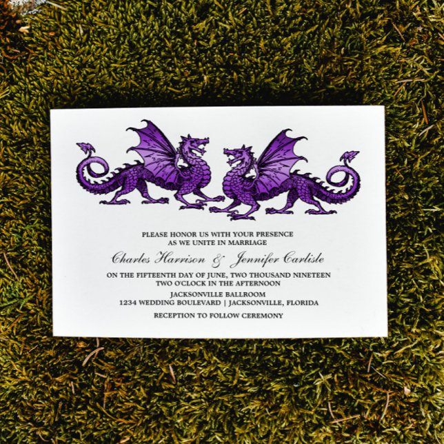 Lila, eleganter Dragon Wedding-Einladung Einladung (Purple Elegant Dragons Wedding Invite)