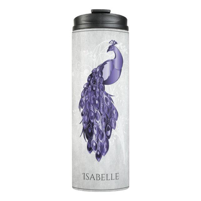 Lila Eleganter Pfau Personalisiert Thermosbecher (Vorderseite)