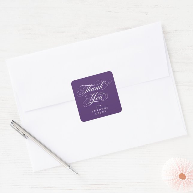 Lila eleganter Script-Abschluss Vielen Dank Quadratischer Aufkleber (Umschlag)