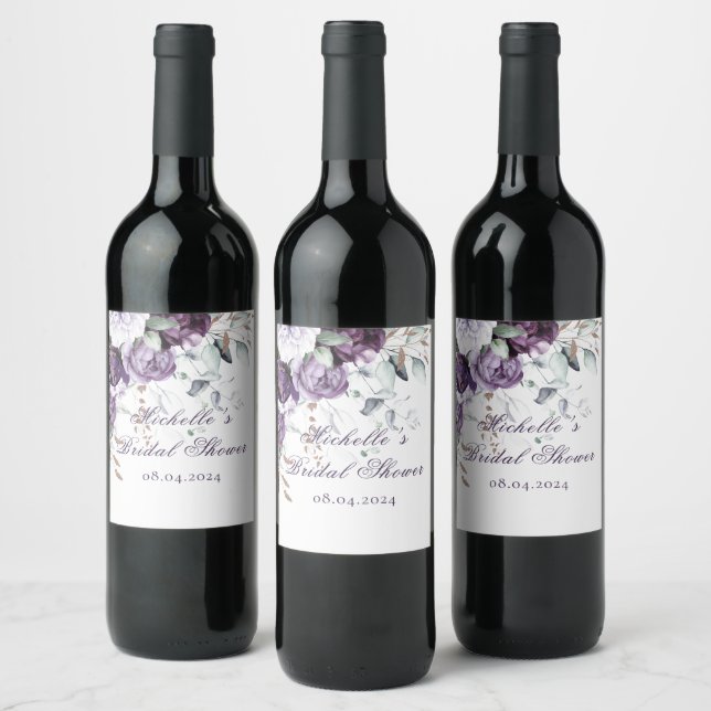 Lila elegantes Brautparty mit floraler Wasserfarbe Weinetikett (Flaschen)