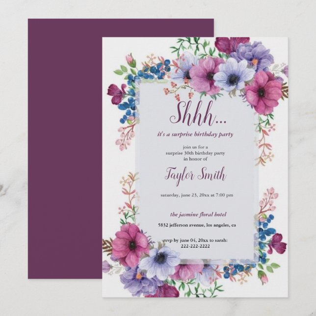 Lila elegantes Floral Surprise Party Einladung (Vorne/Hinten)