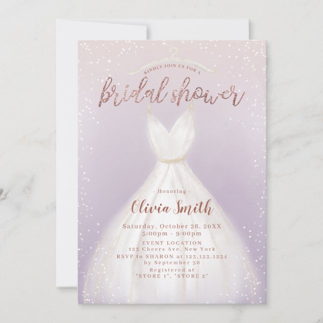 Lila elegantes Hochzeitskleid-Brautparty Einladung (Vorderseite)