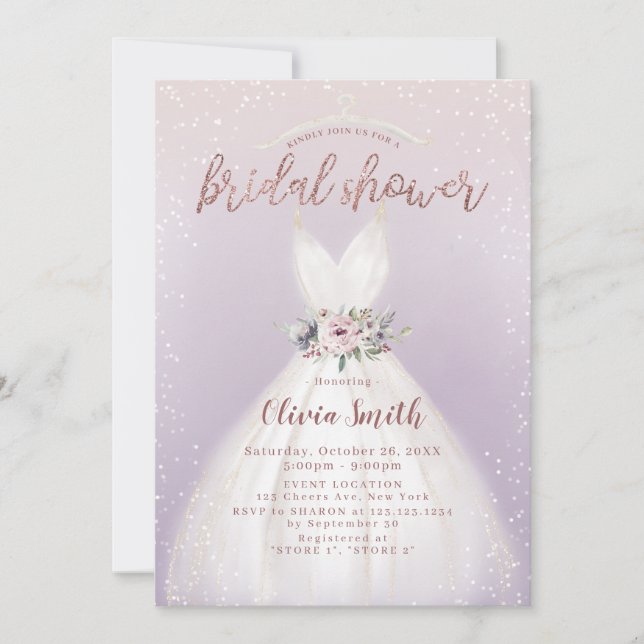 Lila elegantes Hochzeitskleid Brautparty Einladung (Vorderseite)