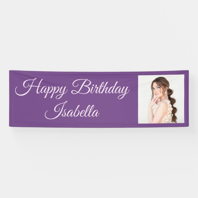 Lila, elegantes Script Foto Happy Birthday Banner (Horizontal)