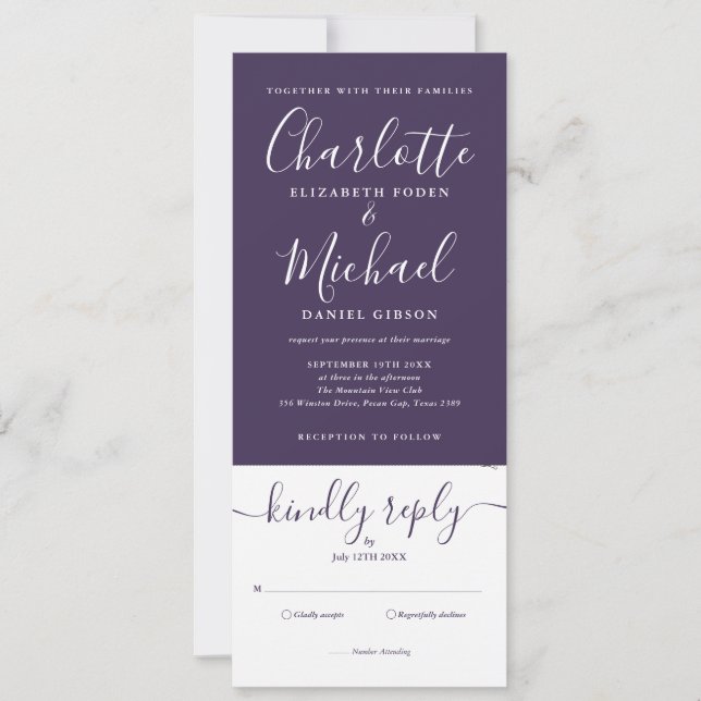 Lila, elegantes Script in einem Foto Hochzeit Einladung (Vorderseite)