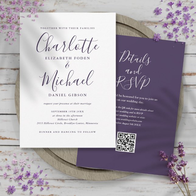 Lila, elegantes Script QR Code Hochzeit Einladung (Purple Elegant Script QR Code Wedding Invitation)