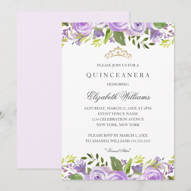 Lila elegantes Wasserfarbenspiel Quinceanera Einladung (Vorne/Hinten)
