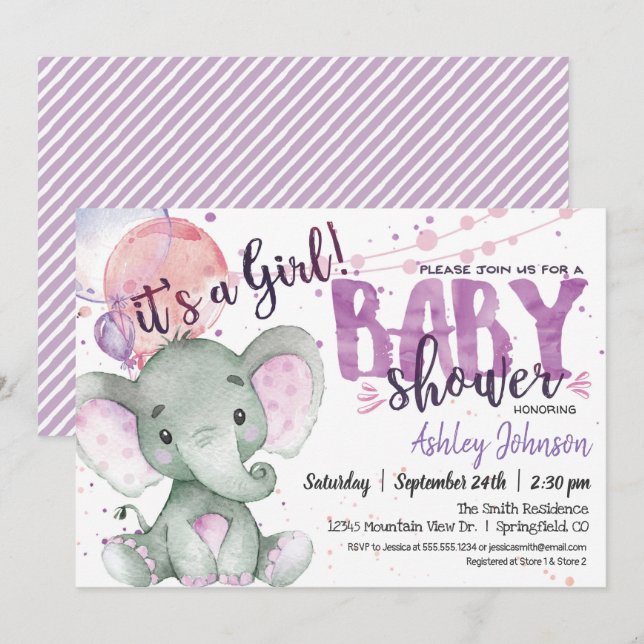 Lila Elephant Baby Dusche Einladung (Vorne/Hinten)