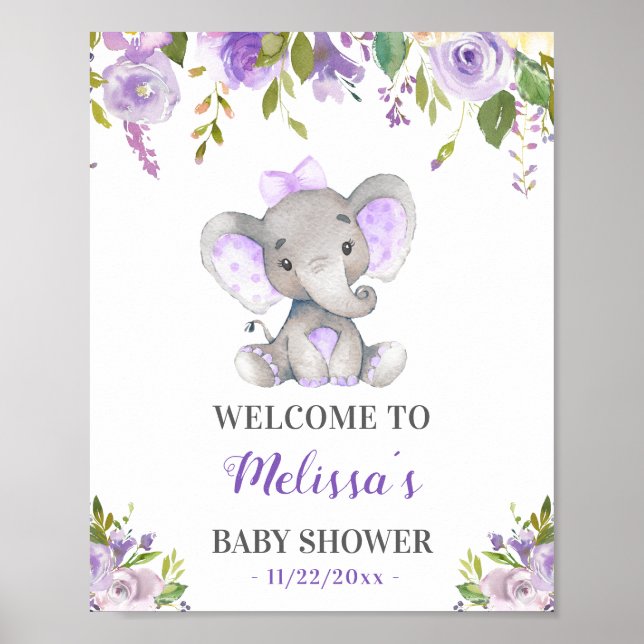 Lila Elephant Baby Girl Dusche Sprinkle Empfang Poster (Vorne)