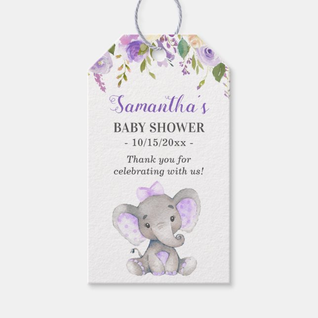 Lila Elephant Baby Girl Dusche Sprinkle Gefallen Geschenkanhänger (Vorderseite)