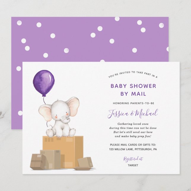 Lila Elephant Baby Showeinladung per Mail Einladung (Vorne/Hinten)