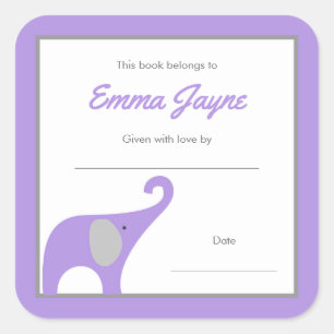 Lila Elephant Baby Shower Book Library Quadratischer Aufkleber