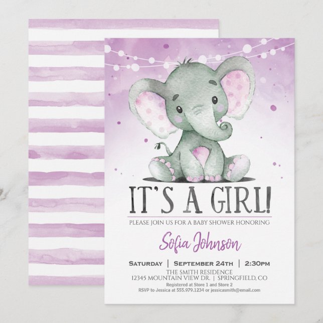 Lila Elephant Girl Baby Dusche Einladung (Vorne/Hinten)