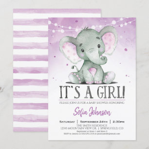 Lila Elephant Girl Baby Dusche Einladung