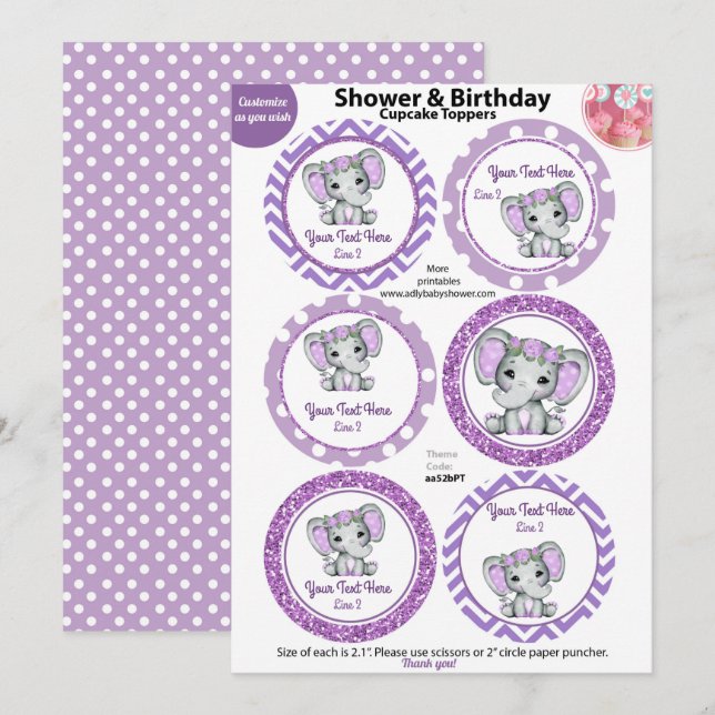 Lila Elephant Girl Cupcake Toppers, Babydusche Einladung (Vorne/Hinten)