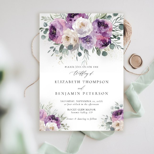Lila Elfenbeinblume Eukalyptus Elegante Hochzeit Einladung (rustic purple wedding invitation watercolor elegant floral eucalyptus lavender mauve barn ranch)